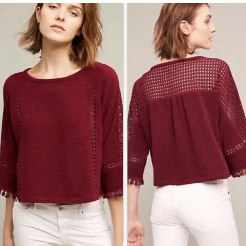 ANTHRO Saturday/Sunday Maroon Tassel Knit Top Long Sleeve Small